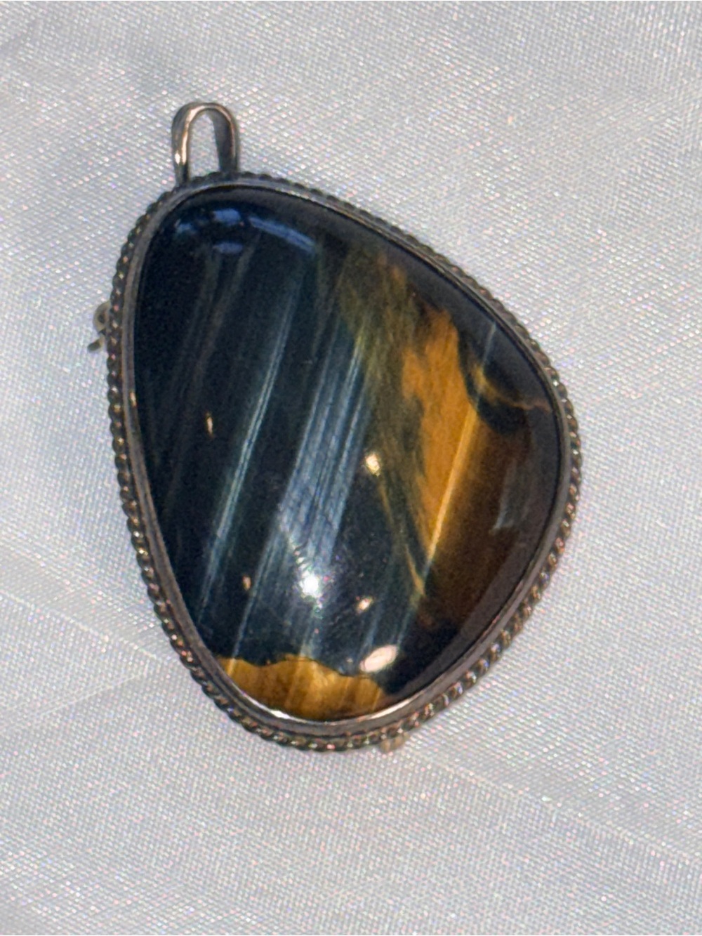 Vintage Blue Tiger Eye Brooch Pendant, Large Hawk’s Eye Gemstone - Picture 4 of 17